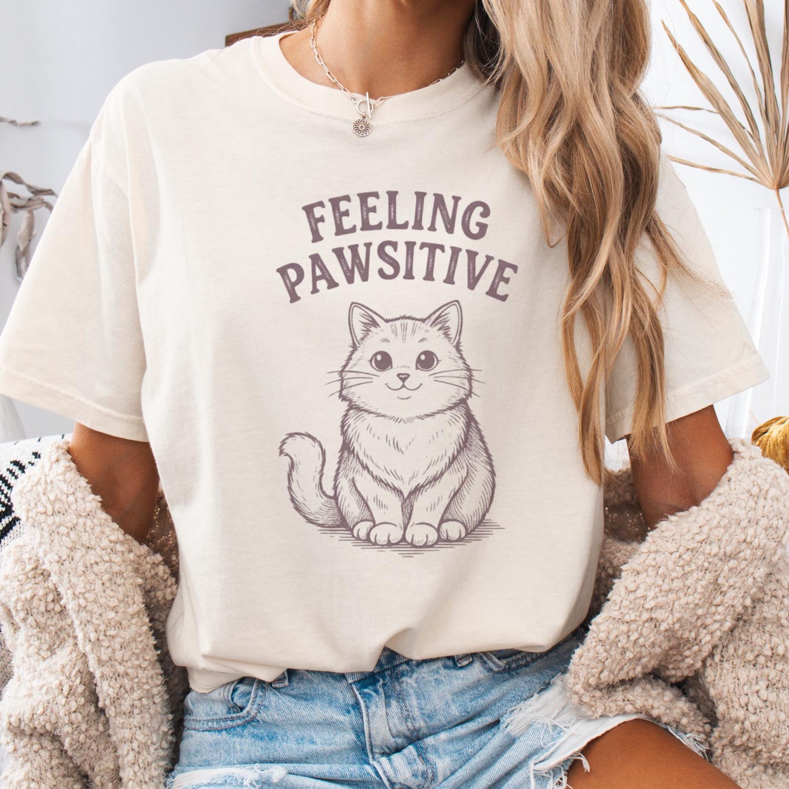 CaT shirt, Cute Cat Lover Tee, Feeling Pawsitive Vintage Cat Graphic, Comfort Colors Cat Mom Gift, Funny CaT shirt, Kitten Lover Top L