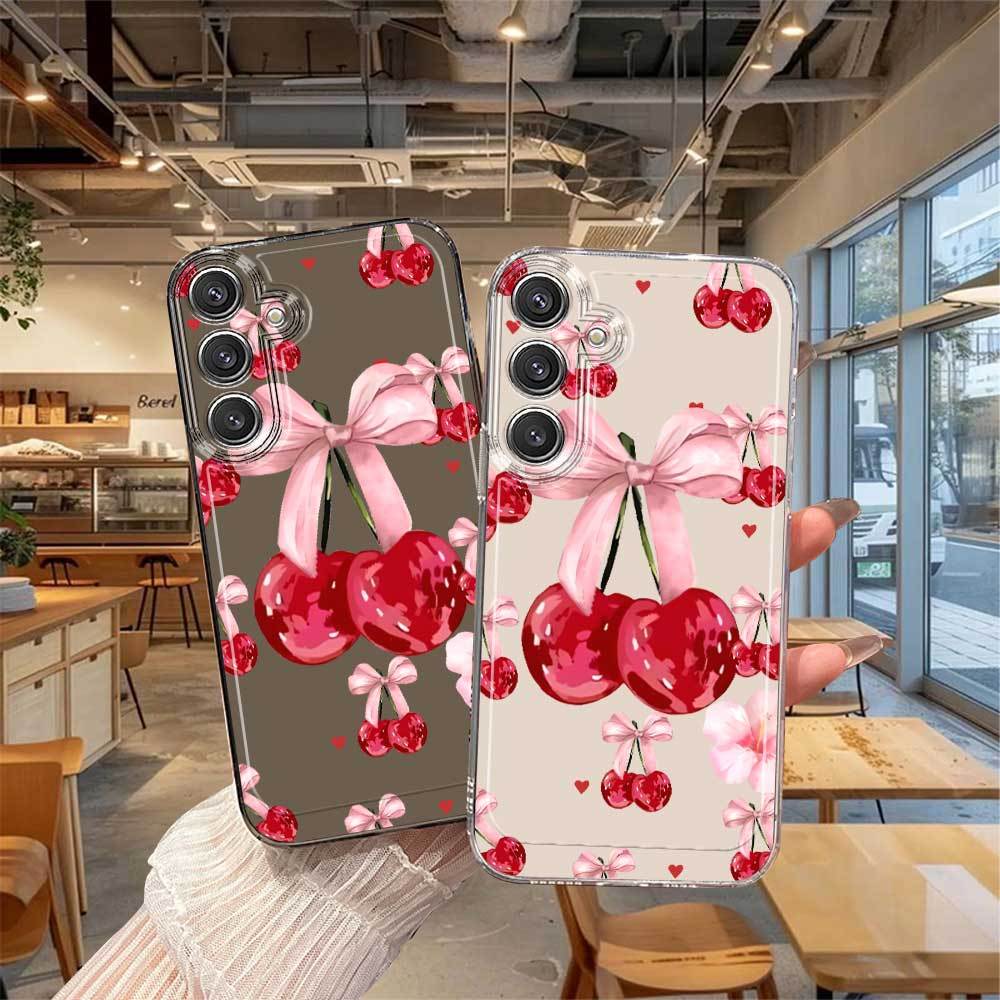 Red bow-shaped cherry pattern TPU transparent phone case suitable for Samsung S26 S25 S24 S23 S22 S21 S20 and other models.