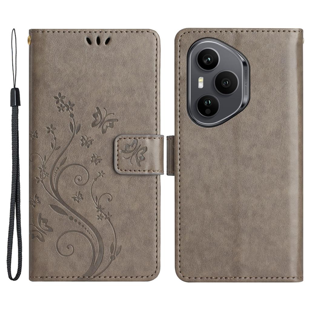 For Honor 400 Pro 5G (Global) Leather Wallet Case Butterfly Flower Imprinted Phone Cover with Strap