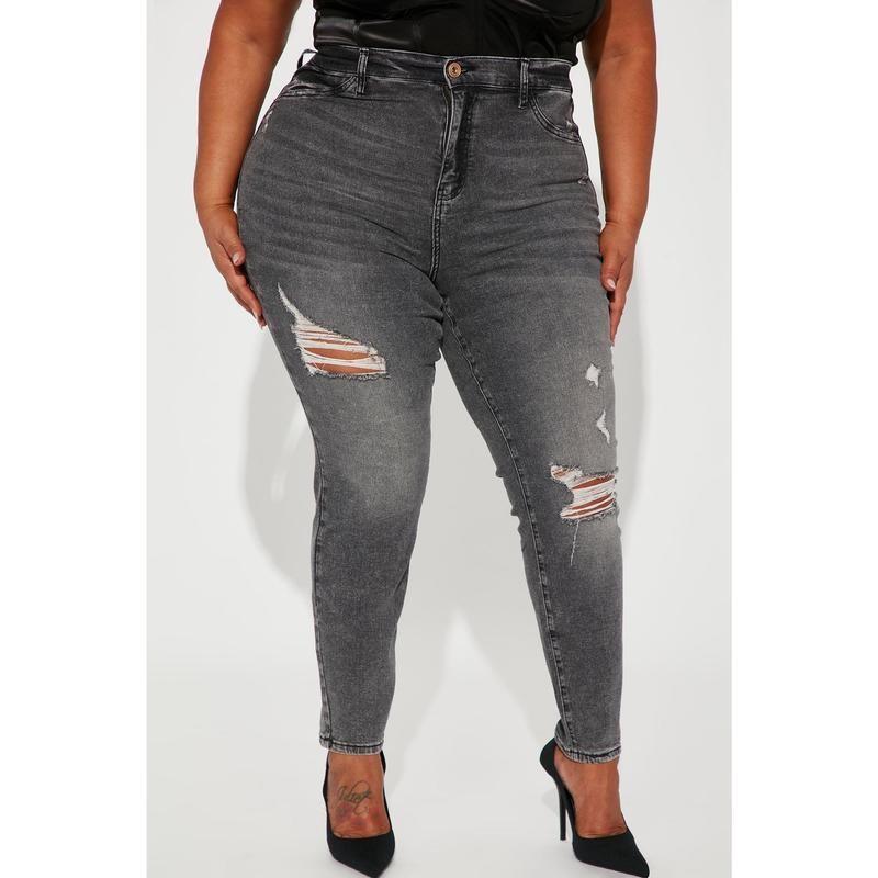 Black-grey washed high-elastic skinny jeans for women, casual ripped slim-fit butt-lifting long pants S