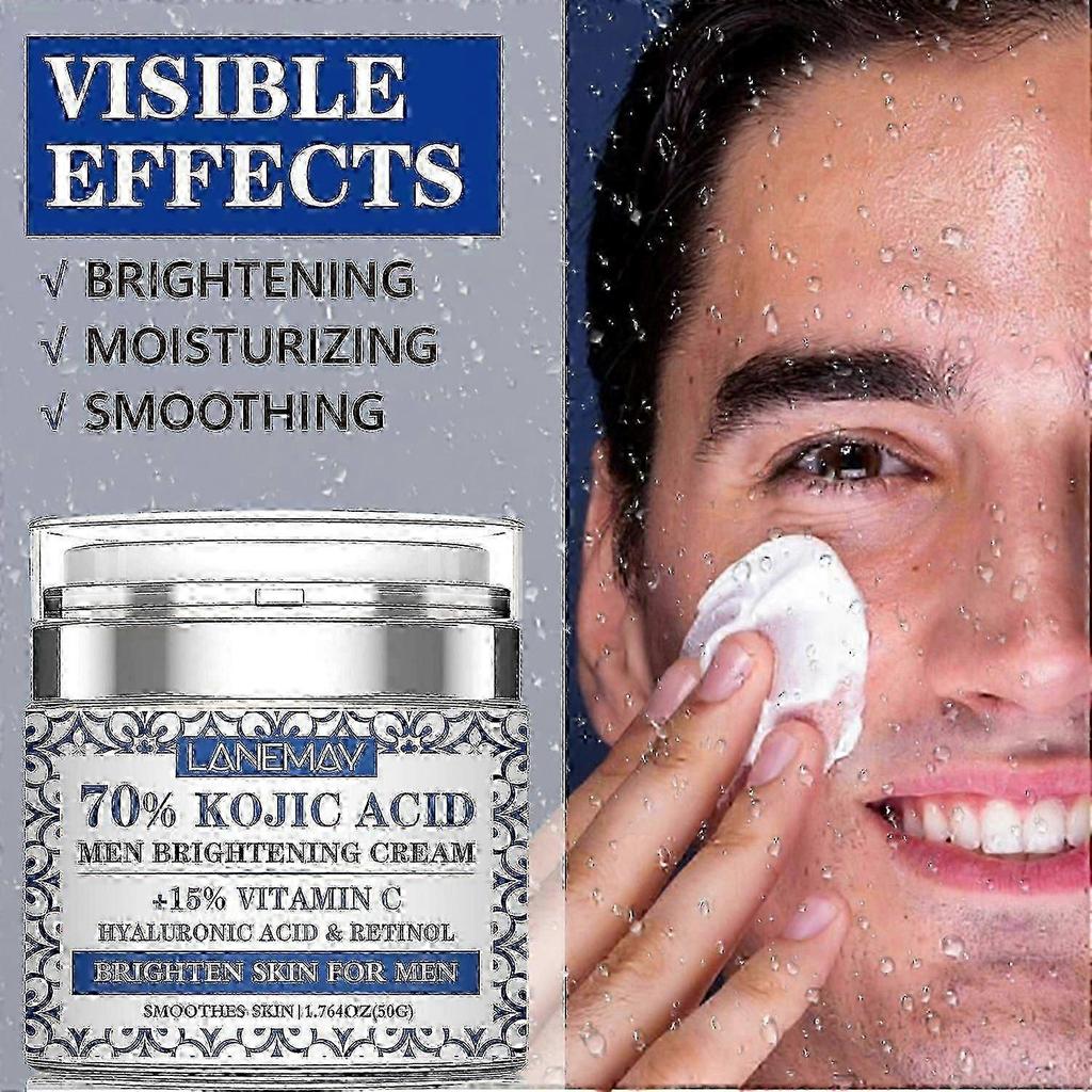 70% Kojic Acid Men's Brightening Cream with Vitamin C, Hyaluronic Acid & Retinol Skin Lightening, Hydration & Anti-Aging, 50G Non-Greasy Formula for