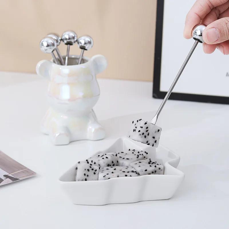 7pcs Set Fruit Forks Household Utensils Stainless Steel High-end Storage Cans Forks Fruit Tags Home Desktop Decoration Ornaments