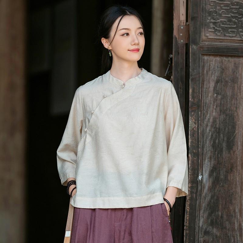 

Johnature Винтажные женские рубашки Стойка Блузки с рукавом семь восьмых Осень Однотонные На пуговицах Рубашки в китайском стиле One Size бежевый