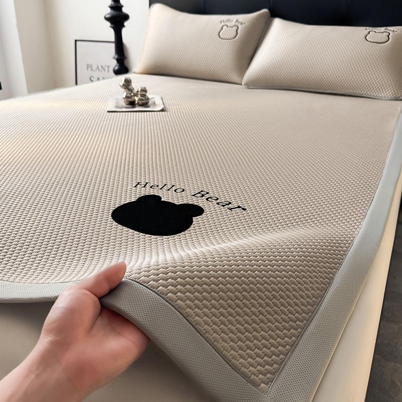 Cool Ice Silk Summer Mat 3-Piece Set with Patchwork Embroidery - Machine Washable for Single Dormitory Use