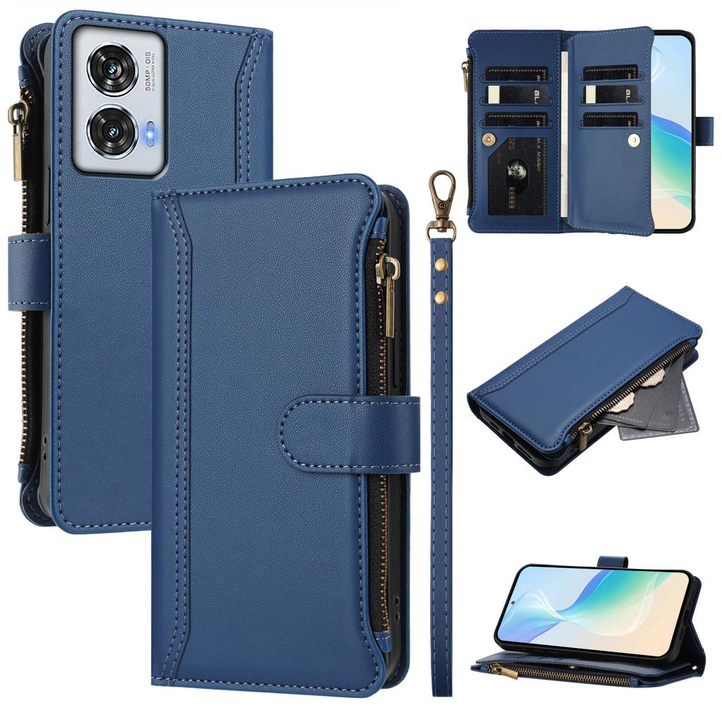 For Motorola Moto G85 5G/Motorola Edge 50 Fusion 5G Leather Case 9 Card Slots Zipper Wallet Stand Phone Cover with Wrist Strap