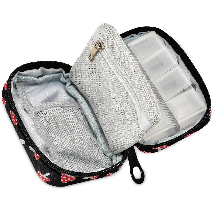 Cute Mushroom Pill Case, Portable Weekly Pill Box Bag Container 7 Days Pill Organizer Vitamin Supplement Holder with Zipper for Travel Family