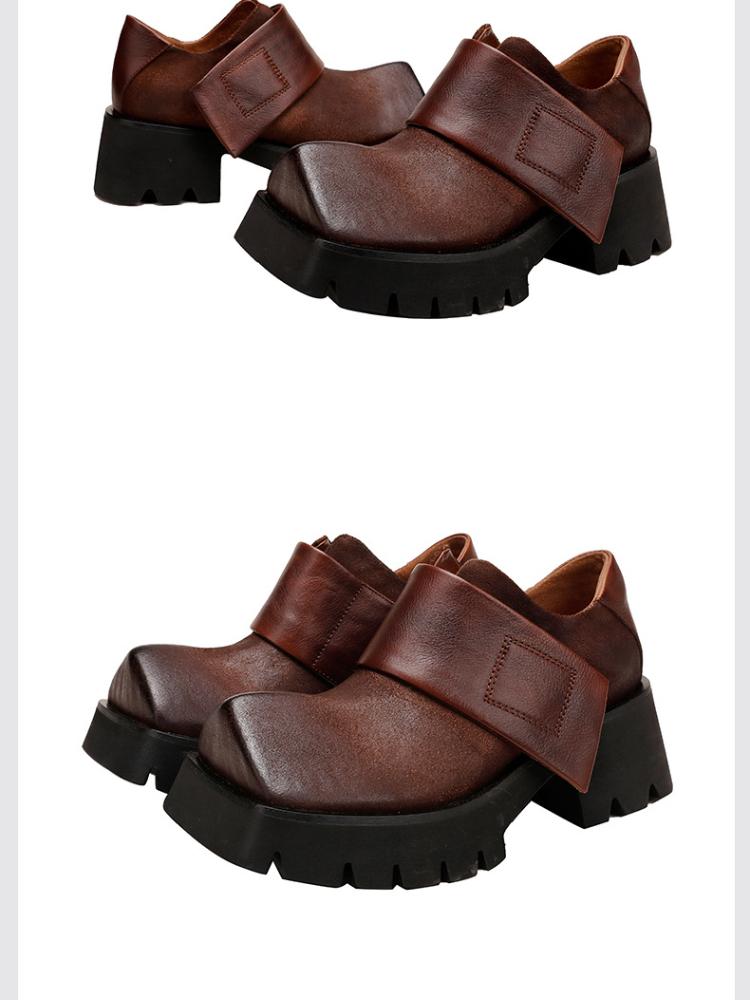 Johnature Retro Square Toe Women Platform Shoes Genuine Leather Thick Soled Solid Color Versatile Shoes