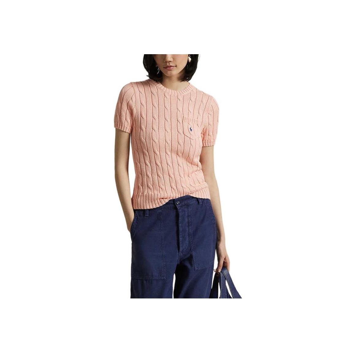 

Женский свитер Polo Ralph Lauren SS25, хлопковый, вязаный косичкой, приталенного кроя, с коротким рукавом, светло-розовый, WMPOSWENC021241-830 M