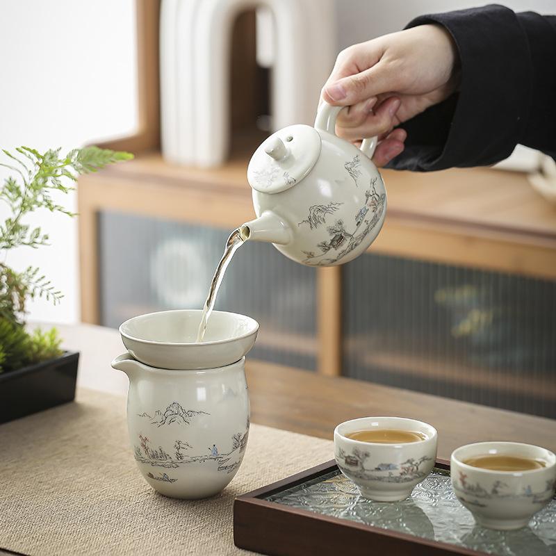 High-end Landscape Ru Kiln Kung Fu Tea Set, a Complete Set of Teapot Cover Bowl Teacup Activities, Holiday Business Gifts