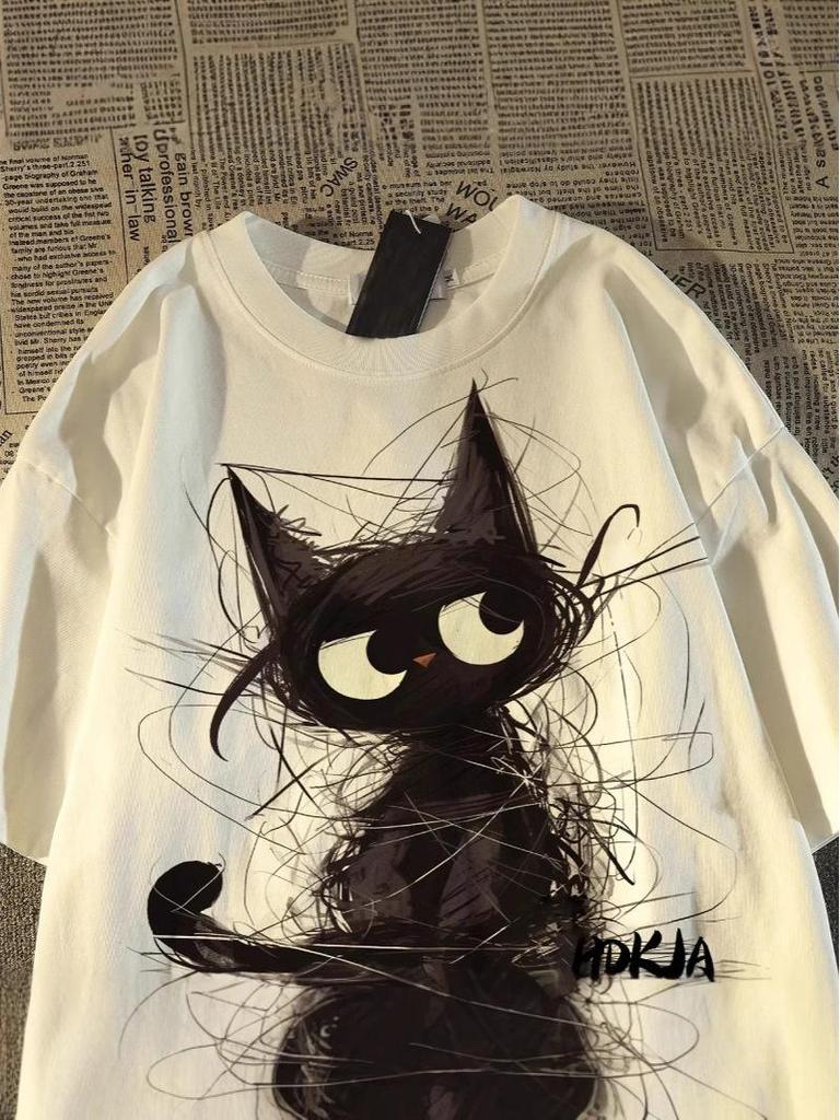 Unisex American Retro Black Cat Print Oversized T-Shirt - Summer Pure Cotton Short Sleeve Top