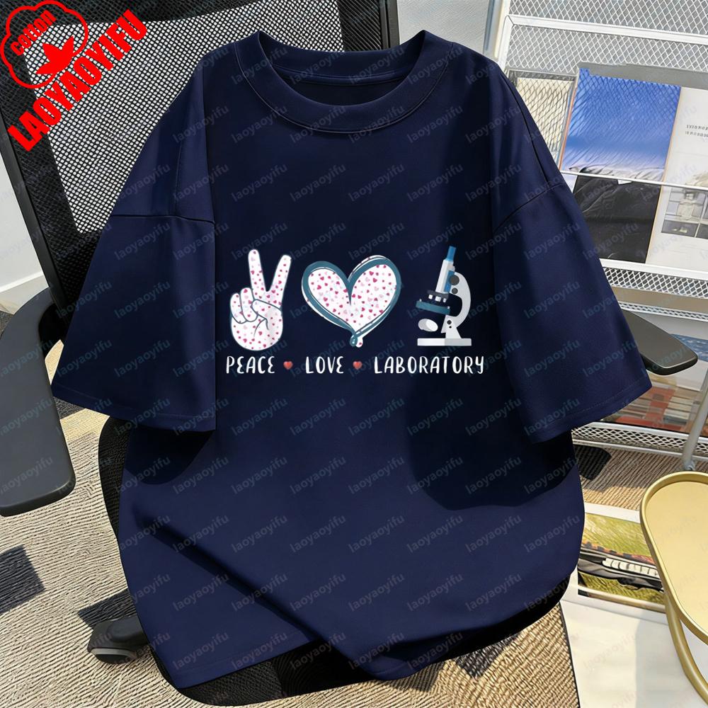 Lab Worker TShirt Peace Love Lab Science Print Wave Point Tee Medical Enthusiast Summer Casual Kawaii Clothes Women Cotton Tops