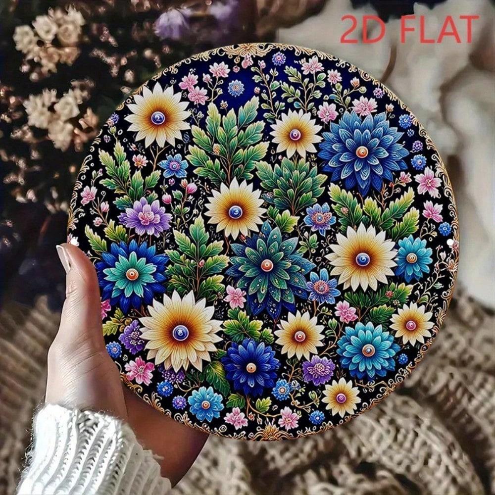 Vintage Round Mandala Metal Wall Art 8 Inch Turquoise Blue Golden Boho Decor Aluminum Sign Home Bar