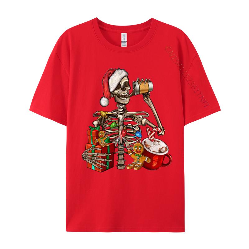 Christmas Skeleton With Smiling Skull Drinking Coffee Latte T Shirts Graphic Tshirt Hip Hop T Shirt Homme Cotton Oversized