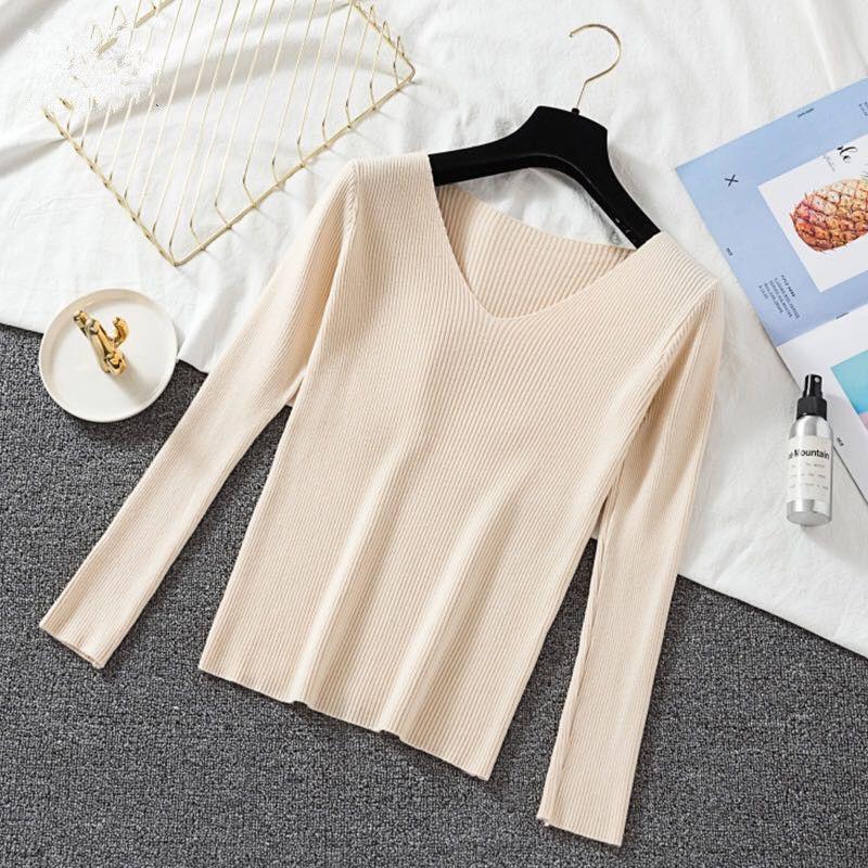 Dámský podzimní a zimní svetr s výstřihem do V, elastický, slim, všestranný, velká velikost, pletený pulovr s dlouhým rukávem, základní svetry