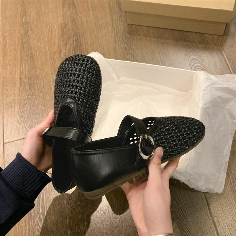 New Mary Jane Women's Shoes with A Single Line Mesh and Hollowed Out Woven Style Sandals