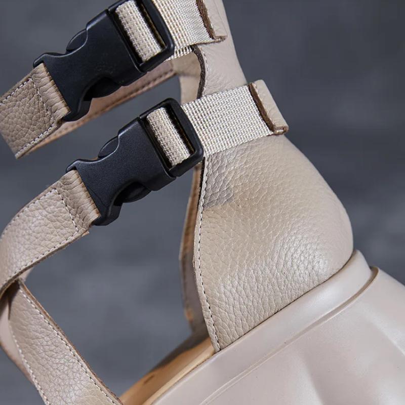Johnature Roman Peep Toe Thick Soled High Heel Sandals Genuine Leather Buckle Women's Platform Shoes