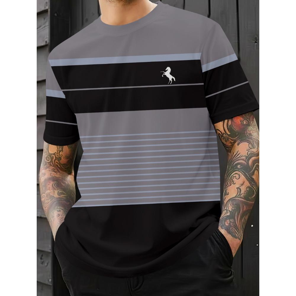 Fashionable and minimalist men's T-shirt with striped printed short sleeved shirt, oversized top for summer