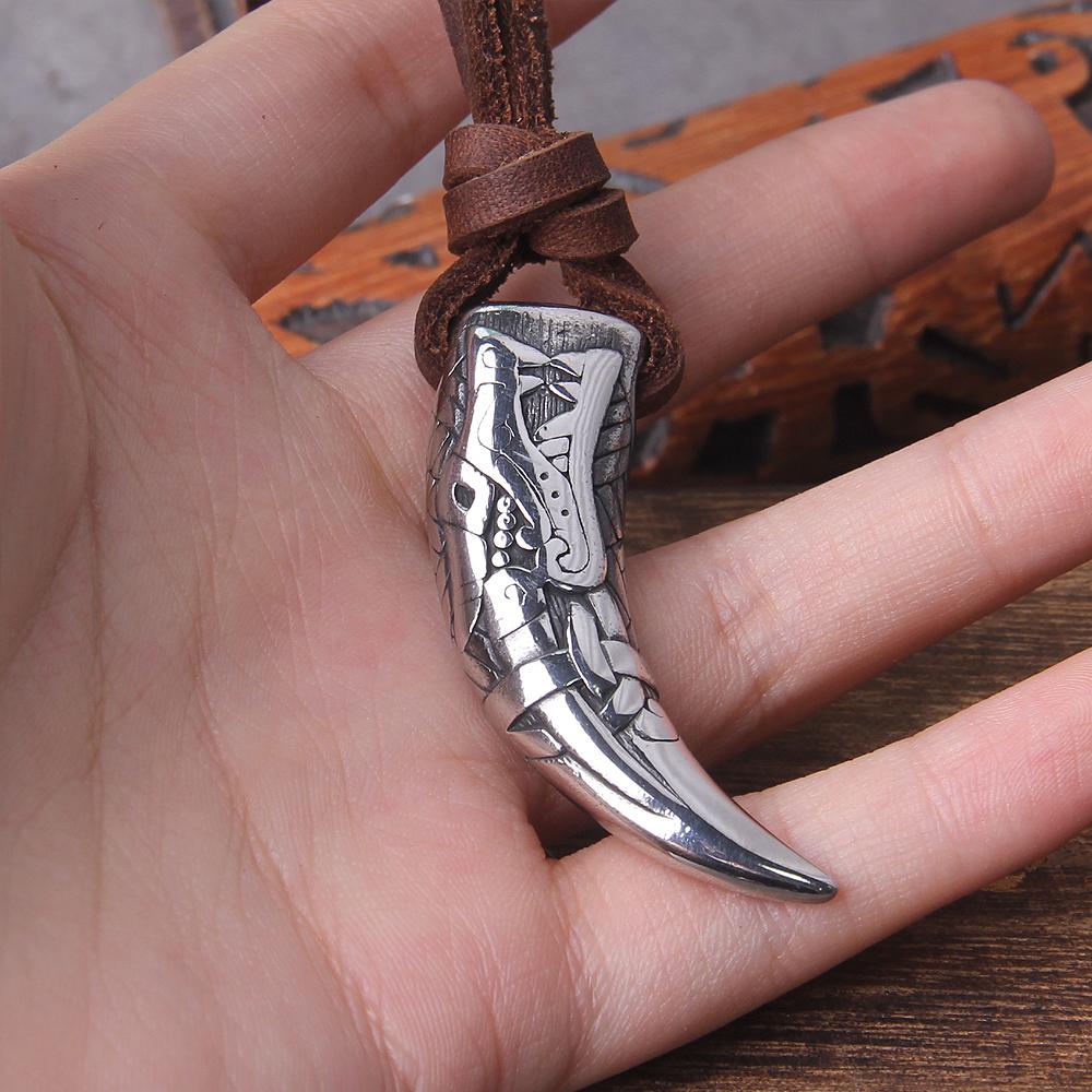 Wolf Fang Tooth Pendant Necklace with Carving Patterns in Wooden Box Never Fade Gift for Men