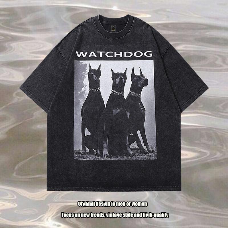 American High Street Doberman Printed Washed Old Short Sleeve T-Shirt Men'S And Women'S Oversize Vintage Half Sleeve Tee