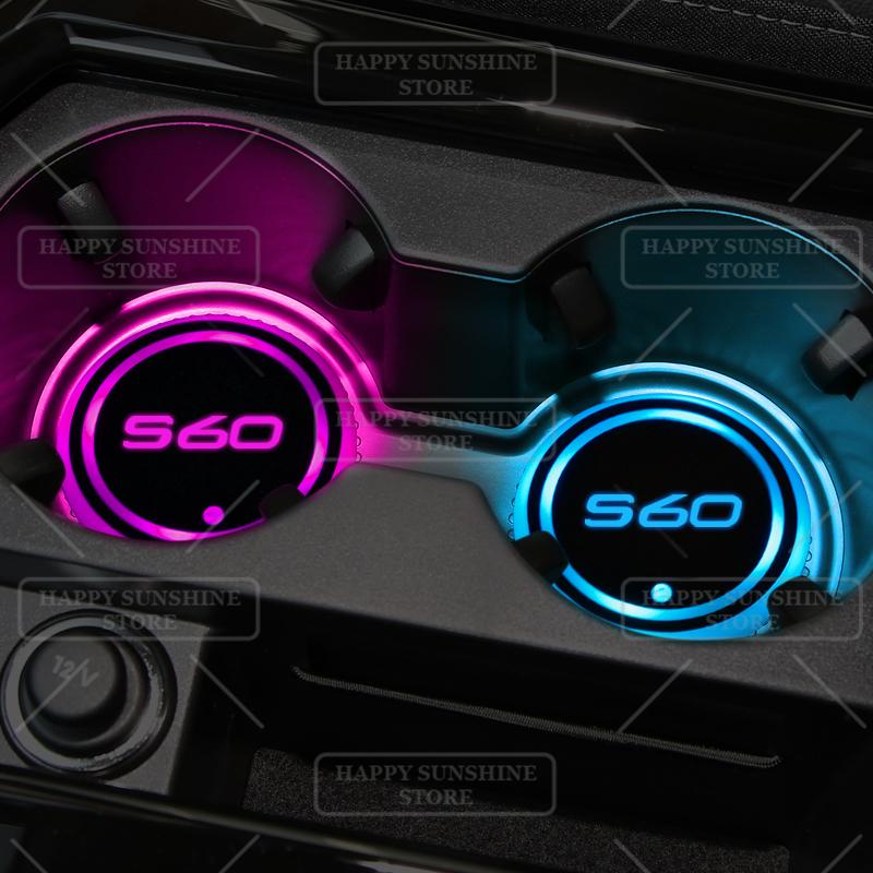 For Volvo S937 Colorful LED For Volvo S60 S90 V70 V60 R Design Logo Car Water Cup Mat Drink Holder Coaster Light Decorative Accessories
