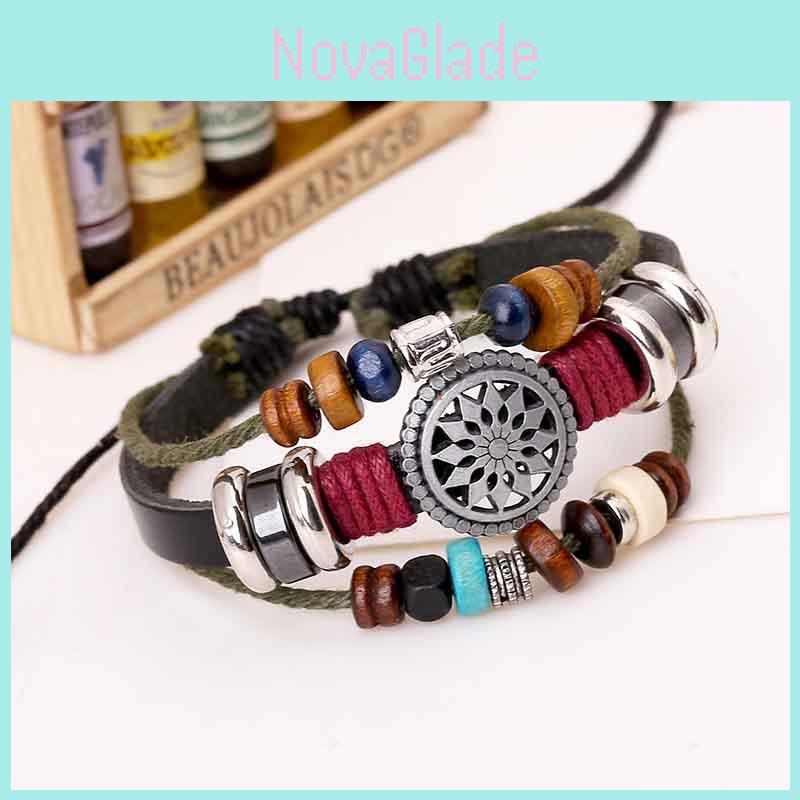 Vintage Handmade Pu Leather Bracelet With Creative Beads For Unisex Style And Elegance