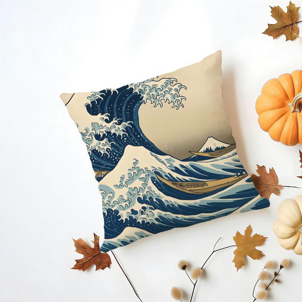 HHokusai Great Wave Cushion Cover Washable Linen Pillowcase Soft  for Daily Sofa Bed Home Room Decor