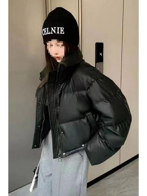 Tvättfri Läderolja Vinterkappa: Förtjockad, Varm, Koreansk stil, Ståkrage, Kort längd, Åldersreducerande, Lätt lyxig damjacka.