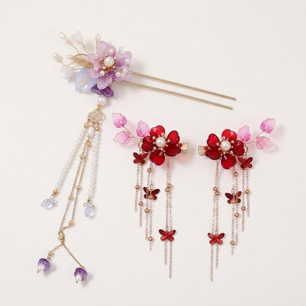 Flower Hairpin With Butterfly Crystal Hair Clip Set Traditional Chinese Style Elegant Ornament For Hanfu Wedding And Festival