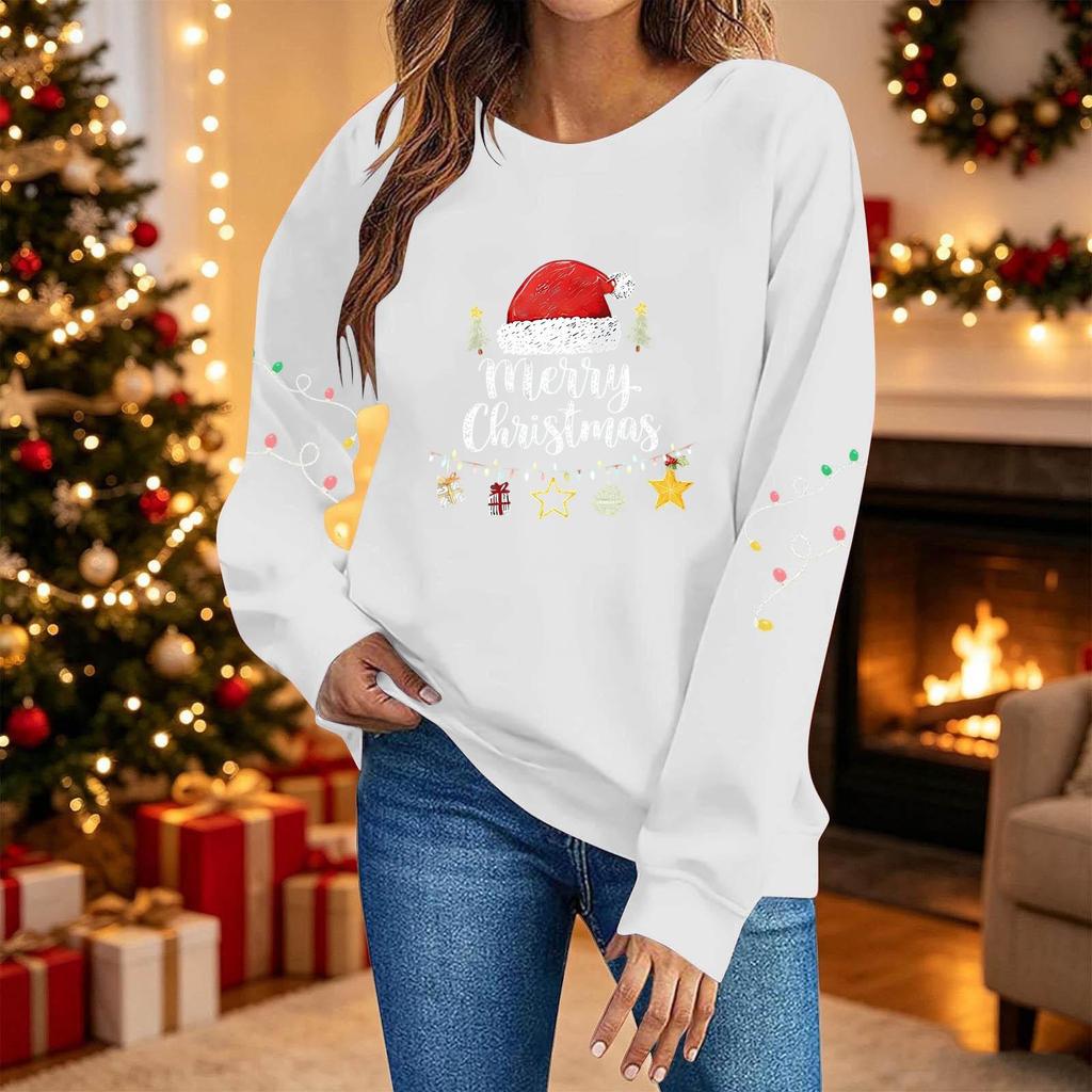 Women's Fashion Casual Crewneck Christmas Print Top, Versatile Holiday Shirt