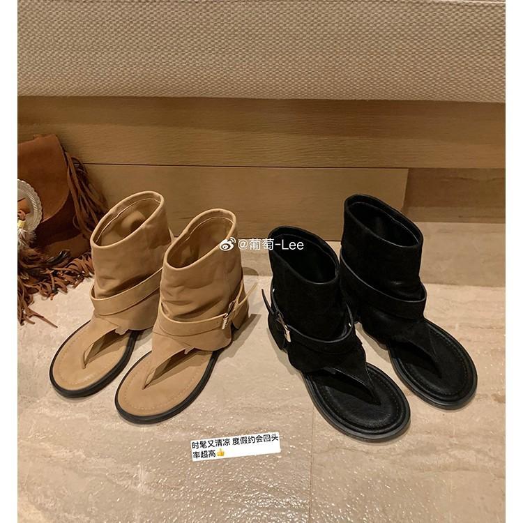 Fashion Toe Cool Boots Cover Boots Summer New Leather Fashion Round Head Personalized Herringbone Sandals