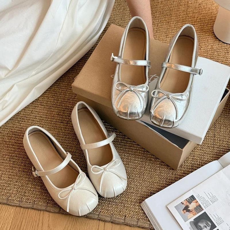 Silver Square Head Light Mouth Mary Jane Single Shoes Women's 2025 New French Bow Word with Ballet Flats