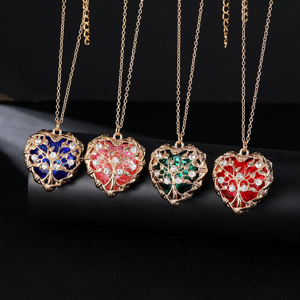Luxury Hollow Out Heart Rhinestone Locket Pendant Necklace Green Red Pink Purple Blue Roseo Color Crystal Inside For Women