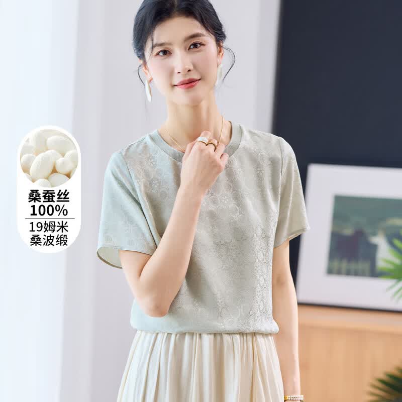 19 Momme Silk Jacquard Round Neck Short Sleeve T-Shirt
