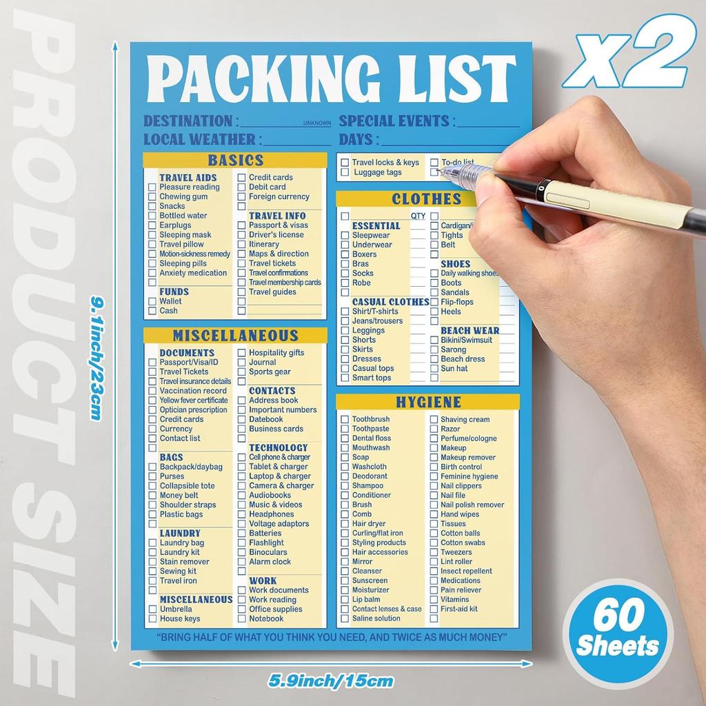 Eaasty 2 Pcs 120 Sheets Summer End of Year Travel Packing List 6 x 9 Packing List Checklist Notepad Cruise Checklist Essentials Note Pad for Hiking
