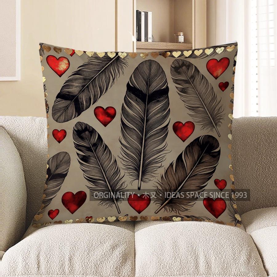 2D Feathers & Hearts Decorative Pillow Covers Pattern Cushion Cover Suitable For Sofa Bedroom Car Pillow Cover