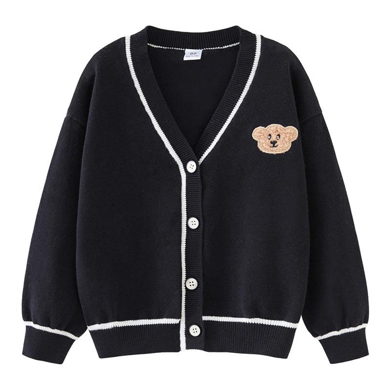 Spring and Autumn Bear Embroidery V-Neck Contrast Color Knitted Cardigan Long Sleeve Cartoon Boy Sweater Jacket