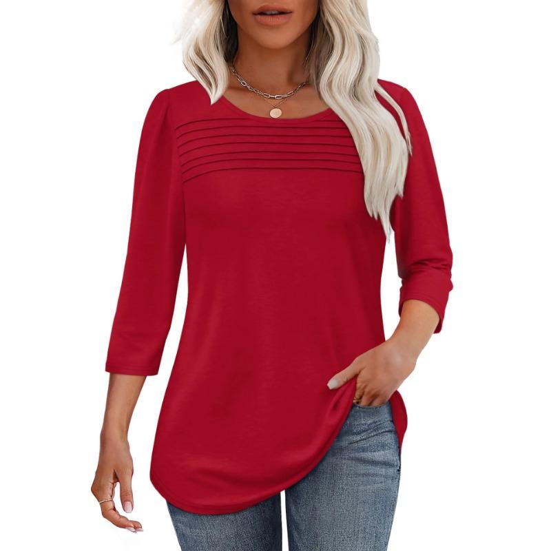 Autumn Round Neck Seven Quarter Sleeve Pleated Top Women's T-shirts