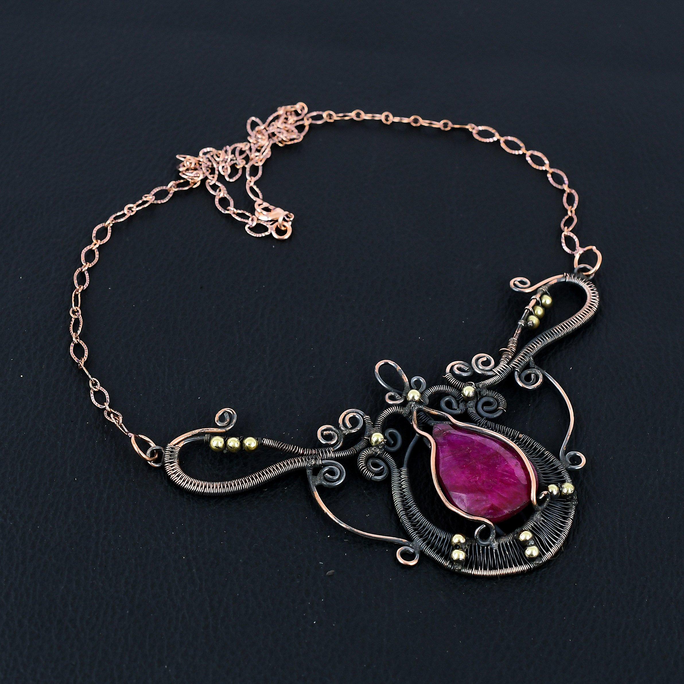 

Рубиновый драгоценный камень ручной работы из чистой медной проволоки, ювелирное ожерелье для женщин 18 Inches розовый