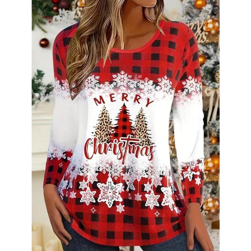 Women's Christmas Tunic 3/4 Sleeve Christmas Tree Print Casual Stretchy Red White Snowflake Crew Neck Festive Winter Wear 