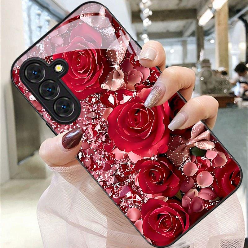 Rose Print Embellished Pattern Tempered Glass Phone Case for Samsung Galaxy S26 S25 S24 S23 S22 S20 FE/PLUS/ULTRA Anti Drop