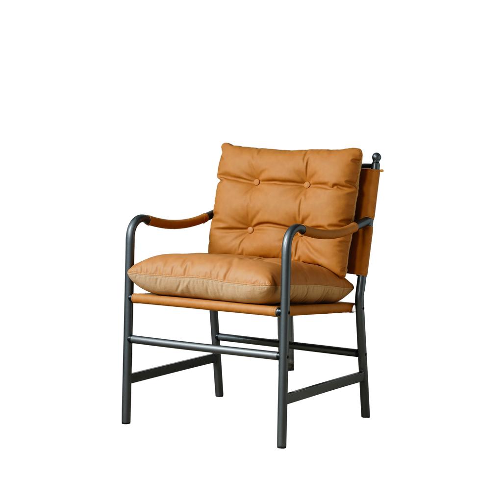 Poltrona d'accento in pelle, Poltrona Mid-Century Modern con Struttura in Metallo Nero, Poltrona Singola per Soggiorno Camera da Letto