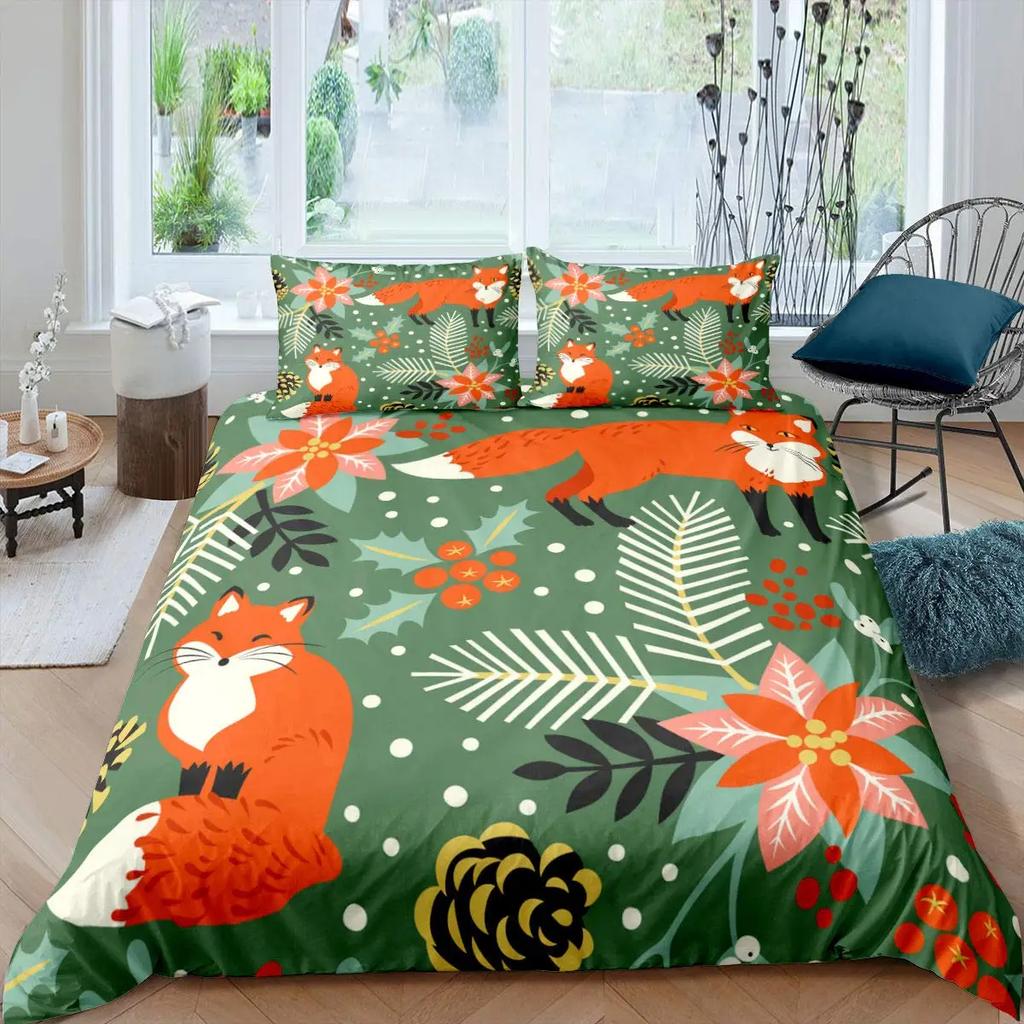 Comforter Cute Forest Animals Theme S King Size Fox Deer Rabbit Owl Hedgehog Flowers Comforter Set 2/3Pcs Bedding Set