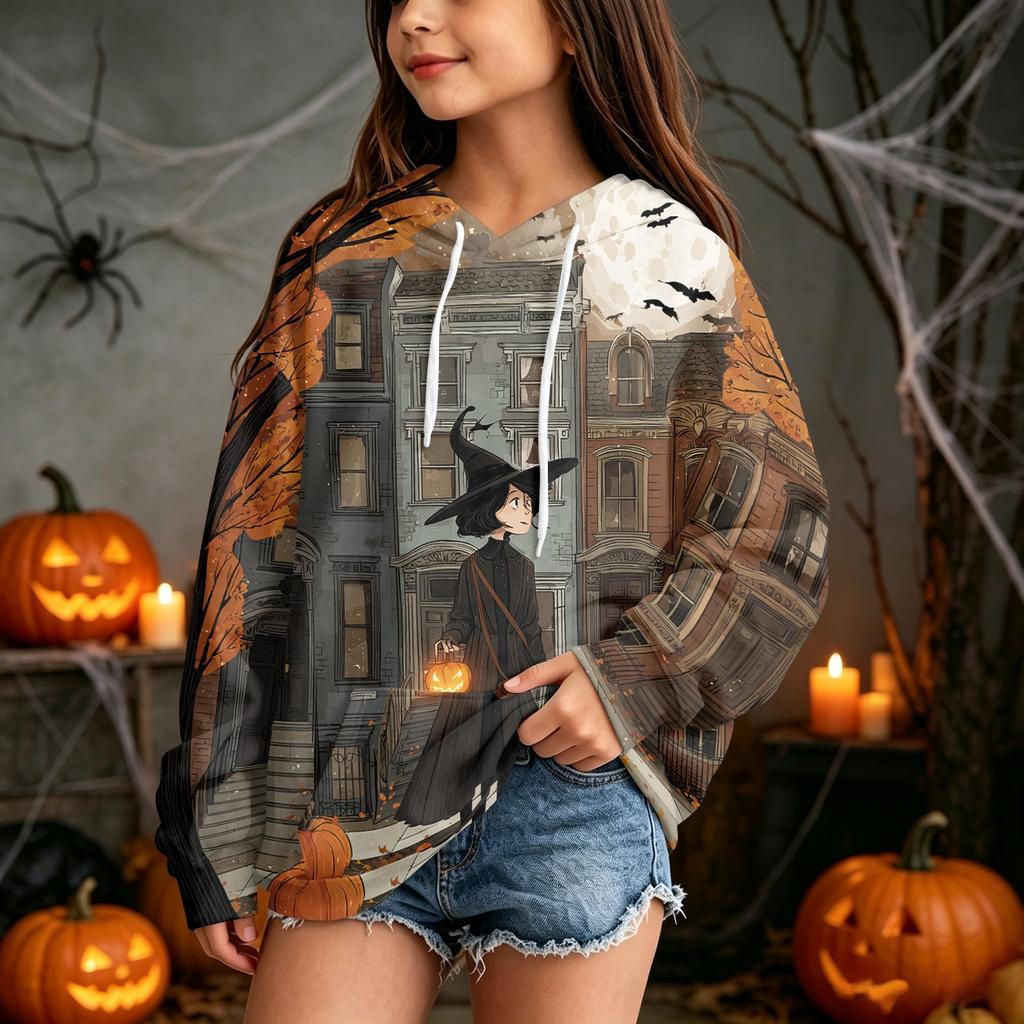 Kids' Halloween Print Hooded Sweatshirt - Casual Pullover for Boys and Girls
