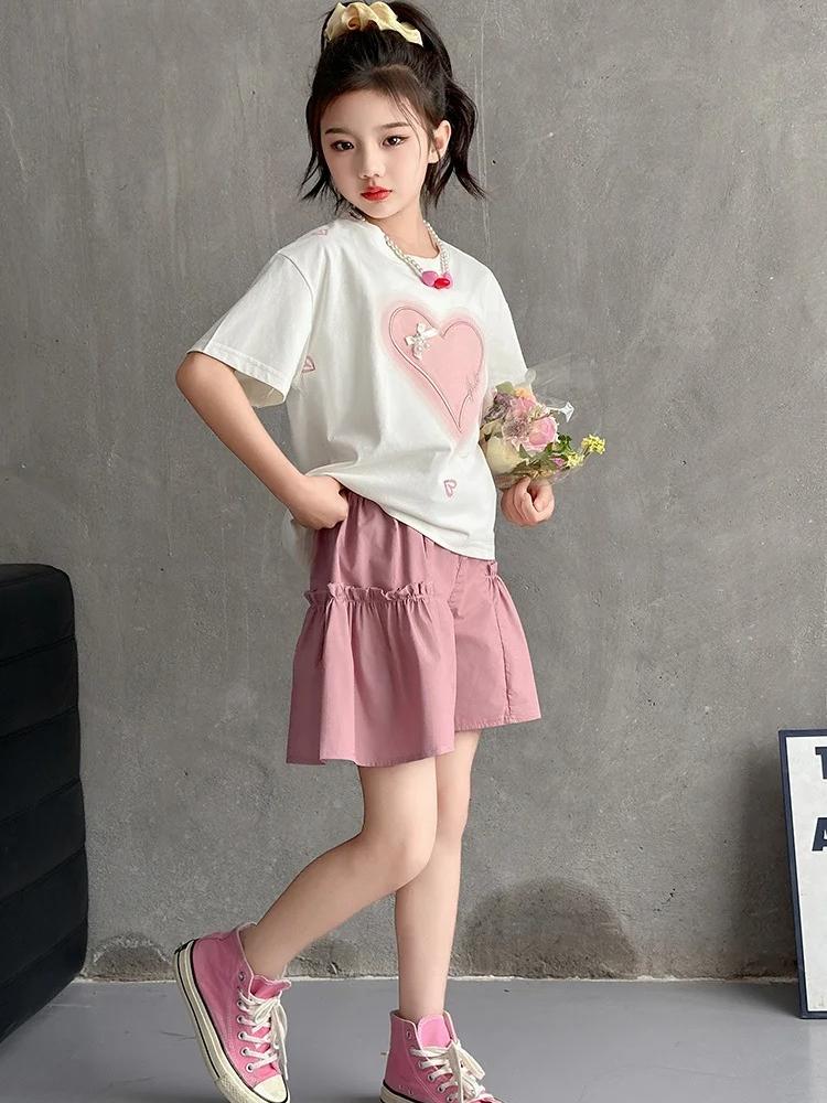 Summer Girls Heart T-Shirt + Khaki Shorts Set Child Short Sleeve Top and Bottom Clothes Set 2Pcs Korean Kids Suit