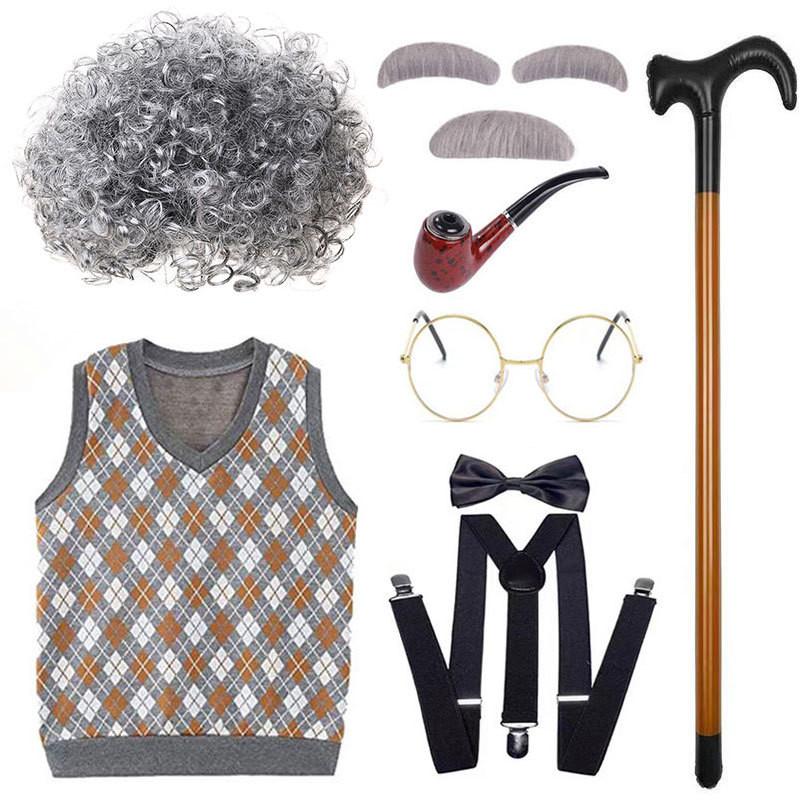 Classic Grandfather Costume Wig Set Featuring Short Soft Curly Hair And Stylish Vest For Kids