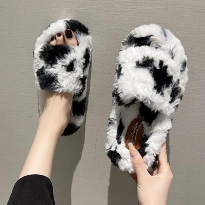 Damen Fleecegefütterte Kuhdruck Einriemen Hausschuhe, Dicke Plateau Warme Indoor/Outdoor Pantoletten