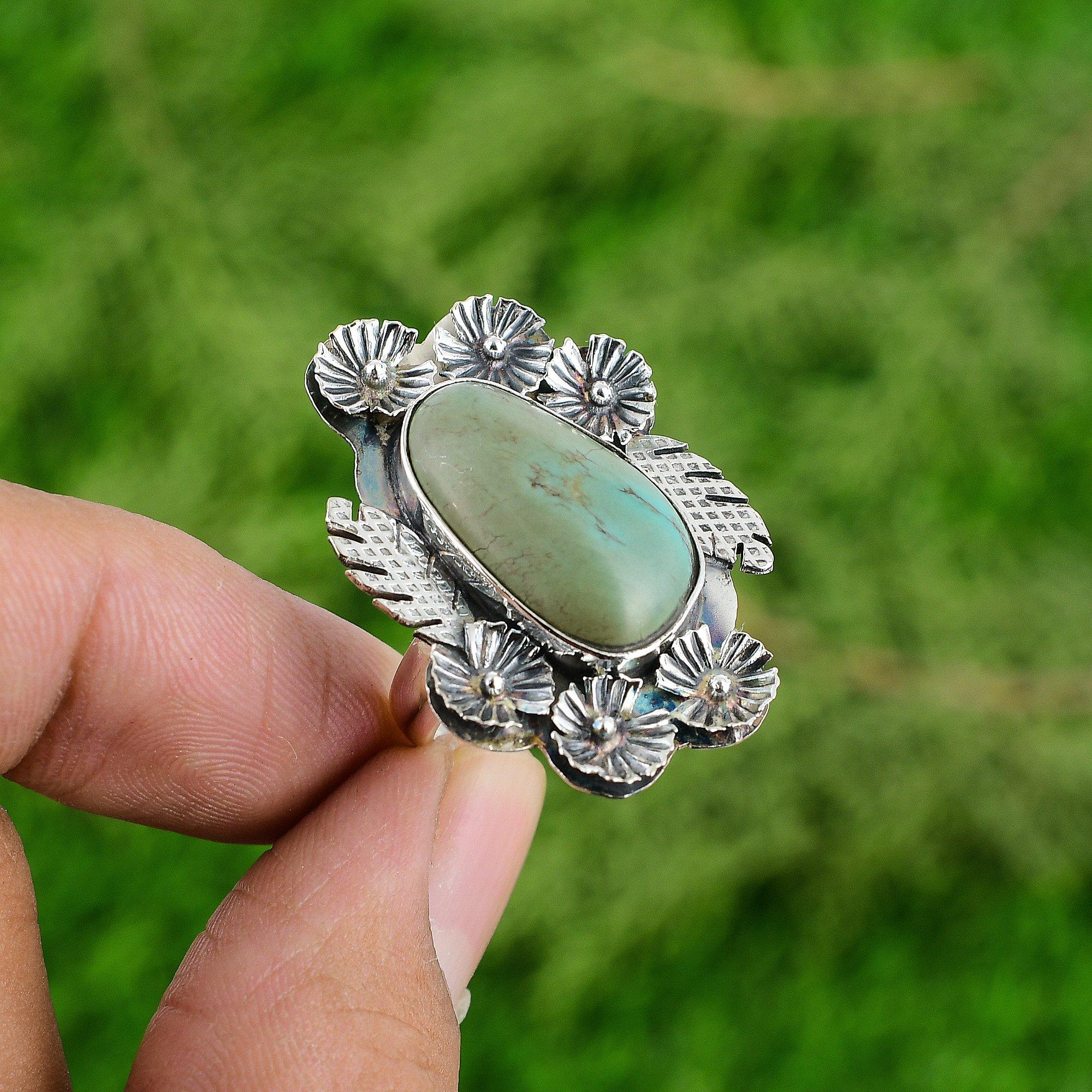 

Natural Tibetan Turquoise Gemstone Stackable Flower Adjustable Ring 925 Silver Adjustable