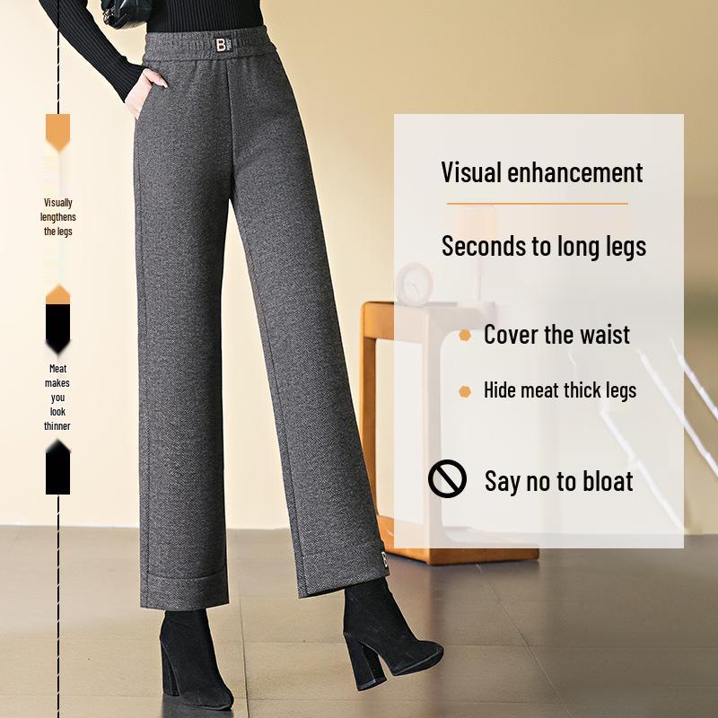 2024 Autumn/Winter High-Waisted Wool Slimming Straight-Leg Cropped Warm Pants for Middle-Aged Women