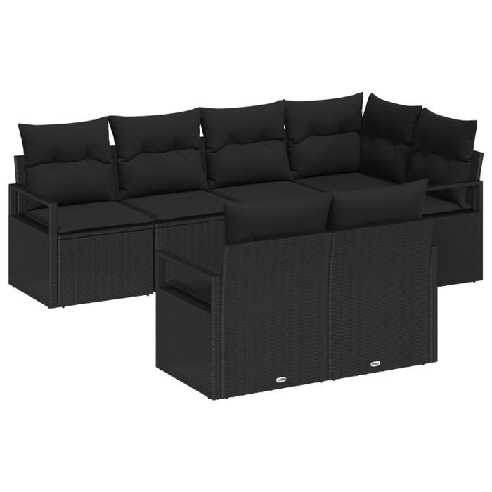 Canapé de jardin 7 pièces avec coussins en rotin noir, Canapé de jardin 2 places avec rangement et coussins en rotin noir 3355092