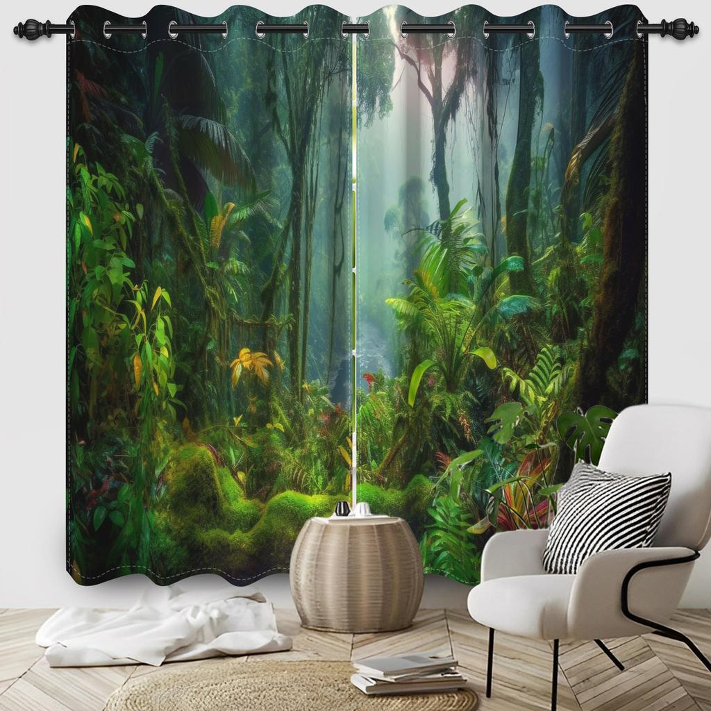 2pcs/set Blackout Curtains Sunny Forest Natural Green Space Landscape Polyester Window Bedroom Kitchen Home Interior Curtains
